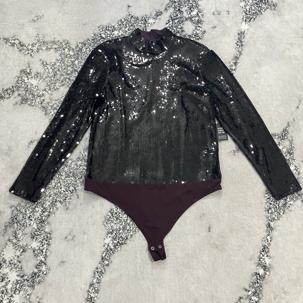 EXPRESS Sequin Mock Neck Bodysuit XL Black Long Sleeve Party Club Top NWT
